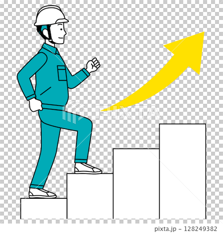 階段を上がる作業員の男性 階段を上がる作業員の男性 128249382