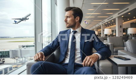 Young businessman in a suit sitting in an airport lounge, looking out at a plane. Business travel. 128249469