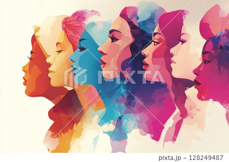 Colorful women profiles in abstract art style on light background. Vibrant female faces showcase diversity and modern design, ideal for creative projects. 128249487