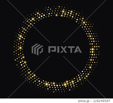 Golden halftone frame, glowing circle border, round pattern with dots, radial disco luxury design element. 128249587