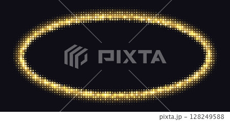 Golden halftone oval frame, glowing circle border, round pattern with dots, radial disco luxury design element. 128249588