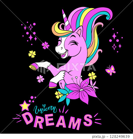 Cute cartoon Unicorn flowers on a black background vector 128249639