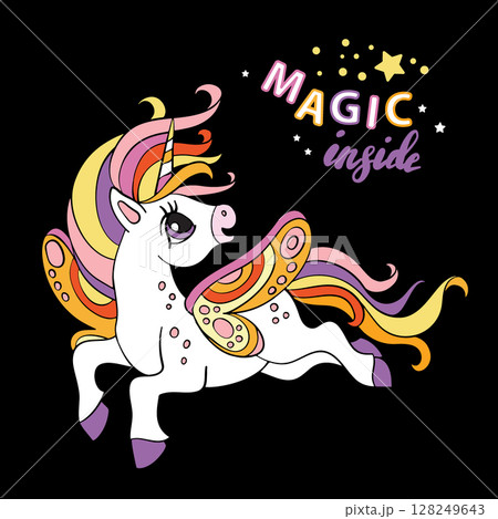 Cute flying unicorn butterfly with lettering vector illustration 128249643