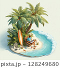 A digital freelancer works remotely from a tropical beach, sitting under a palm tree with a laptop on their lap. Surrounded by vacation essentials like a surfboard, sandals, a coconut drink, and a 128249680