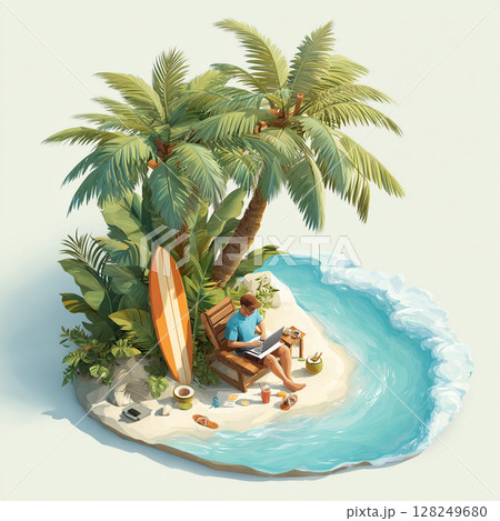 A digital freelancer works remotely from a tropical beach, sitting under a palm tree with a laptop on their lap. Surrounded by vacation essentials like a surfboard, sandals, a coconut drink, and a 128249680
