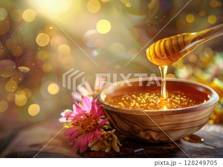 Closeup of a wooden bowl brimming with honey, accented by delicate flowers and bathed in warm sunlight. 128249705