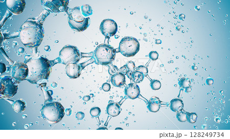 Molecular Harmony: Atoms in Water with a Serene Blue Background 128249734