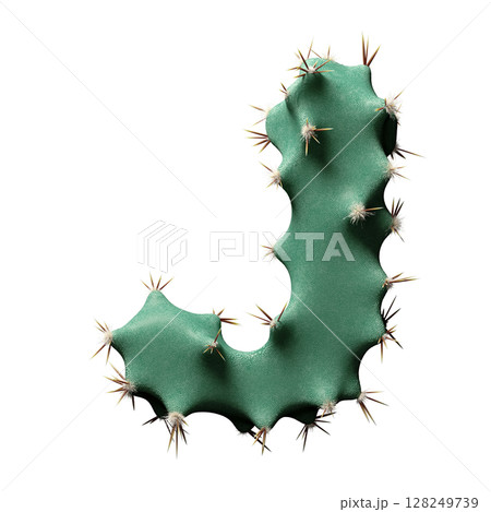 Abstract Green Cactus J with Unique Shapes and Spikes on White Background Abstract Green Cactus J with Unique Shapes and Spikes on White Background 128249739