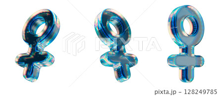 Shiny Glass Female Gender Symbols in Three Varied Angles on White Background 128249785