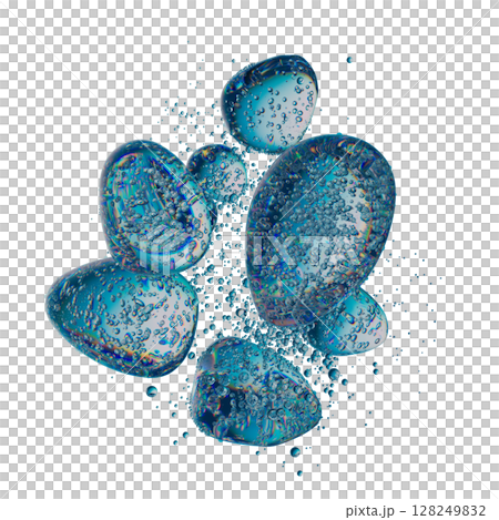 Abstract Iridescent Bubble with Surrounding Water Droplets on White Background 128249832