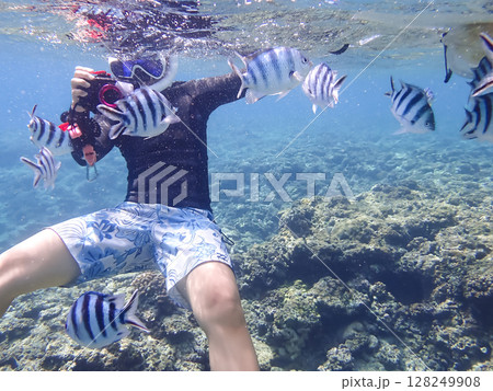 水中カメラで写真を撮る女性 水中カメラで写真を撮る女性 128249908