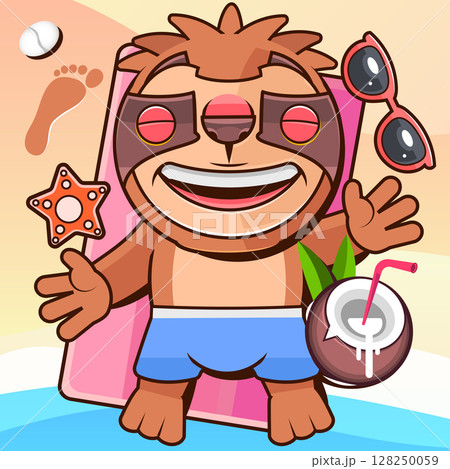 Happy Summer Holidays with beach summer accessories. Suitable for Web Landing Page, Banner, Flyer, Sticker, Card 128250059