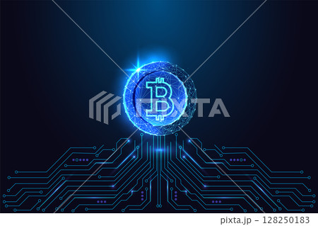 Low poly glowing Bitcoin coin symbol emerging from digital circuit board, blockchain crypto concept Low poly glowing Bitcoin coin symbol emerging from digital circuit board, blockchain crypto concept 128250183