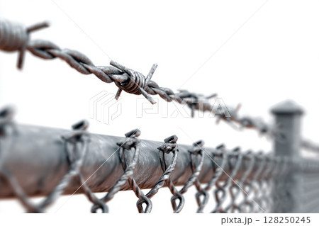 Barbed wire stretched along metal fence Barbed wire stretched along metal fence 128250245
