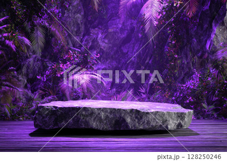 Background with ferns and purple neon lighting around stone surface Background with ferns and purple neon lighting around stone surface 128250246
