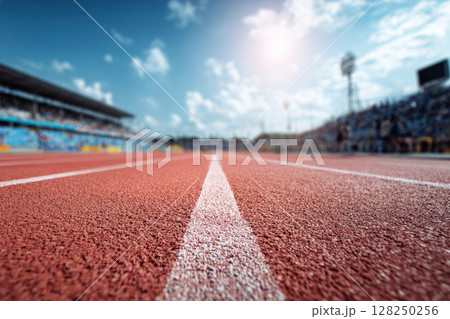 Running track with line leading into a blurred stadium 128250256
