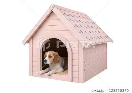 Cute dog inside pink dog house isolated on transparent background, pet care, playful puppy, animal shelter, fun pet concept Cute dog inside pink dog house isolated on transparent background, pet care, playful puppy, animal shelter, fun pet concept 128250370