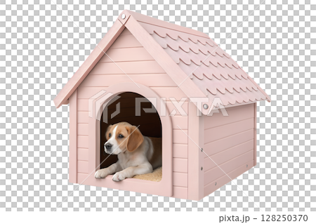 Cute dog inside pink dog house isolated on transparent background, pet care, playful puppy, animal shelter, fun pet concept Cute dog inside pink dog house isolated on transparent background, pet care, playful puppy, animal shelter, fun pet concept 128250370