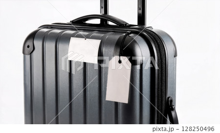 Close up of travel tag label tied to a suitcase 128250496