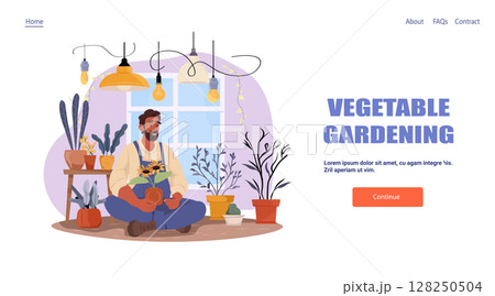 Vegetable gardening man caring indoor plants cozy home interior potted flowers window hanging lights web banner landing page template 128250504