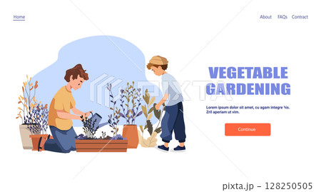 Vegetable gardening family planting watering plants outdoor garden pots soil landing page template 128250505