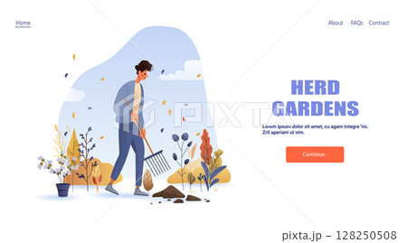 Man gardening autumn leaves plants outdoor landscape colorful foliage website landing page Man gardening autumn leaves plants outdoor landscape colorful foliage website landing page 128250508