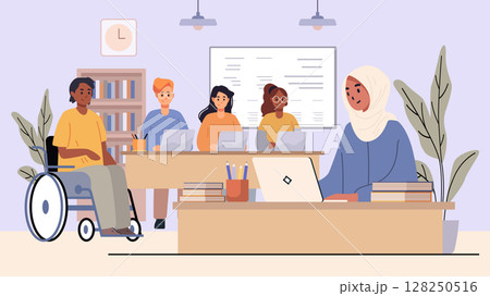 Diverse students classroom teacher hijab back to school inclusive education laptops books library plants modern interior learning workspace Diverse students classroom teacher hijab back to school inclusive education laptops books library plants modern interior learning workspace 128250516