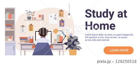 Student studying at desk home learning workspace computer books lamp plant cozy organized background website banner Student studying at desk home learning workspace computer books lamp plant cozy organized background website banner 128250518