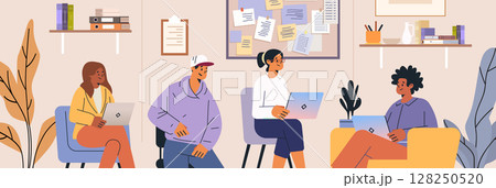 Students group study collaboration laptops classroom modern workspace bulletin board books plants shelves casual seating teamwork education 128250520