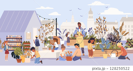 School garden outdoor education children planting flowers urban greenery teacher students teamwork greenhouse city background colorful plants 128250522