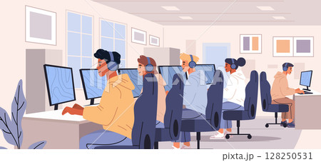 Students computer lab learning technology teamwork classroom modern workspace diverse people headphones screens desks bright interior 128250531