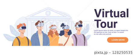 Students virtual reality museum tour diverse young people wearing VR headsets ancient building background modern education technology website banner Students virtual reality museum tour diverse young people wearing VR headsets ancient building background modern education technology website banner 128250535