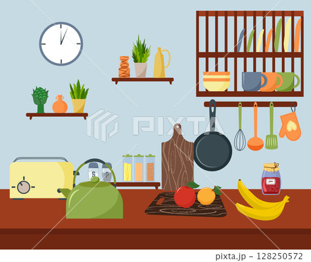 Modern flat design illustration of a cozy kitchen interior. Home cooking space with furniture, utensil, appliances, and food. Modern flat design illustration of a cozy kitchen interior. Home cooking space with furniture, utensil, appliances, and food. 128250572