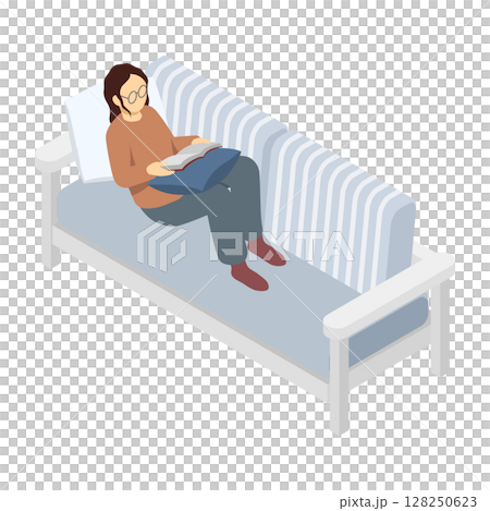 アイソメトリックイラスト：ソファで本を読む女性 128250623