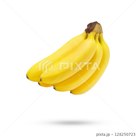Levity baby banana isolated on white background. Floating bunch of bananas isolated. 128250723
