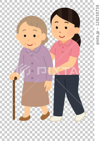 護理人員用拐杖支撐老年婦女的插圖 128250738