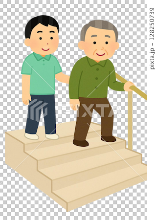 護理人員從後面扶著老人爬樓梯的插圖 128250739