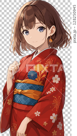 穿著紅色和服的女人的插圖 128250945