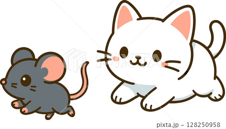 ネズミを追いかけるネコのイラスト 128250958