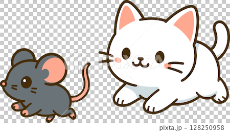 ネズミを追いかけるネコのイラスト 128250958