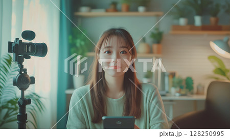 一眼レフカメラで動画を撮影する女性 128250995