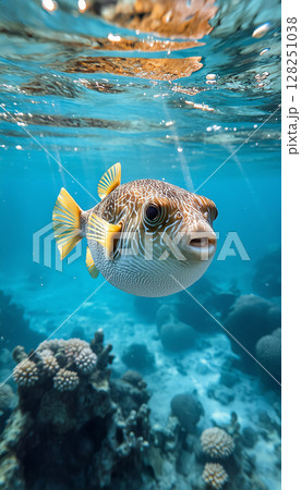 水面を見上げるハリセンボン（デフレート状態） 128251038