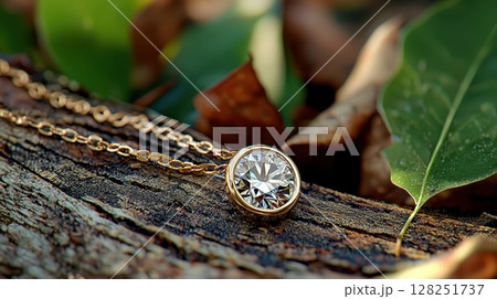 Elegant Diamond Pendant Necklace on Natural Rustic Background 128251737