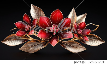 Elegant Ruby Floral Brooch with Stunning Gold Leaf Design Elements Elegant Ruby Floral Brooch with Stunning Gold Leaf Design Elements 128251791