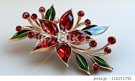 Exquisite Ruby Floral Brooch Design with Elegant Green Accents Exquisite Ruby Floral Brooch Design with Elegant Green Accents 128251792