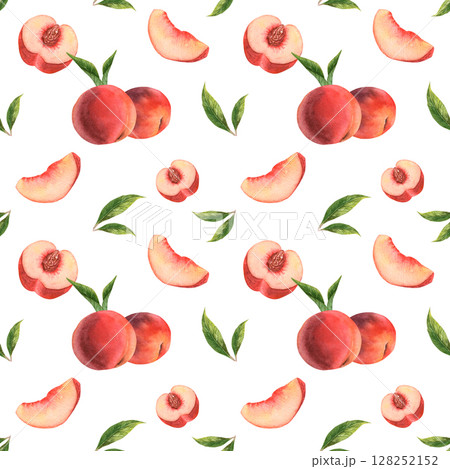 Watercolor pattern with peaches, nectarines. Pastel pattern for fabric, beige, peach color. Watercolor pattern with peaches, nectarines. Pastel pattern for fabric, beige, peach color. 128252152