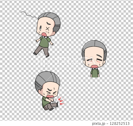 Three-pattern set of illustrations of elderly men with early symptoms of heat stroke 128252513