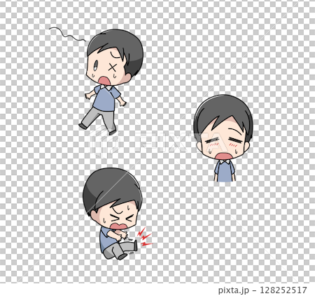Three sets of illustrations of men with early symptoms of heat stroke 128252517