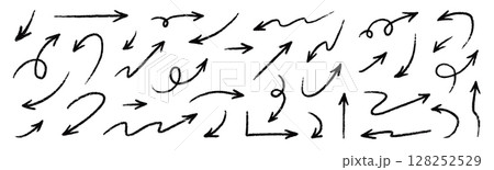 Arrow vector line icon set. Hand drawn brush sketch arrow line curve up, down shape chalk texture element set. Abstract grunge scribble chalk crayon style. Vector Arrow vector line icon set. Hand drawn brush sketch arrow line curve up, down shape chalk texture element set. Abstract grunge scribble chalk crayon style. Vector 128252529