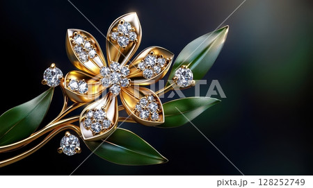 Elegant Floral Design Brooch with Diamond Accents and Green Leaves Elegant Floral Design Brooch with Diamond Accents and Green Leaves 128252749
